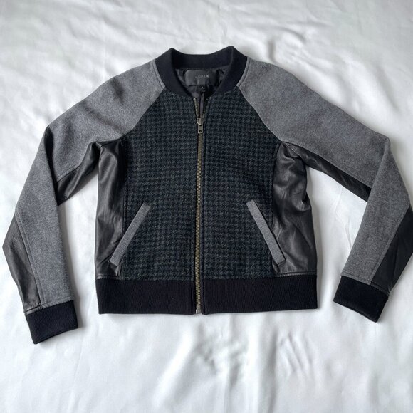 J. Crew Women Bomber Wool Mix Tweed Leather Jacket, Size 0 - Picture 3 of 14